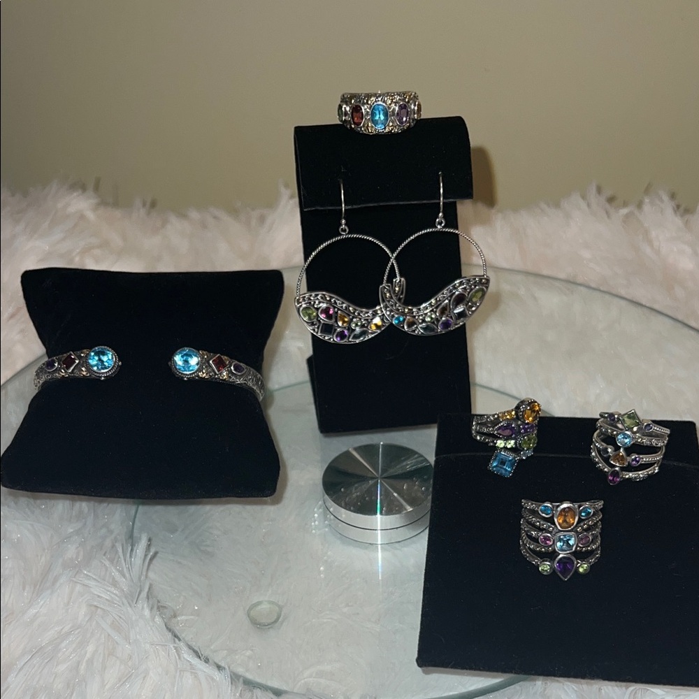 Luxury Sterling Silver and 18K Solid Gold Multi Gemstone Hoop Earrings